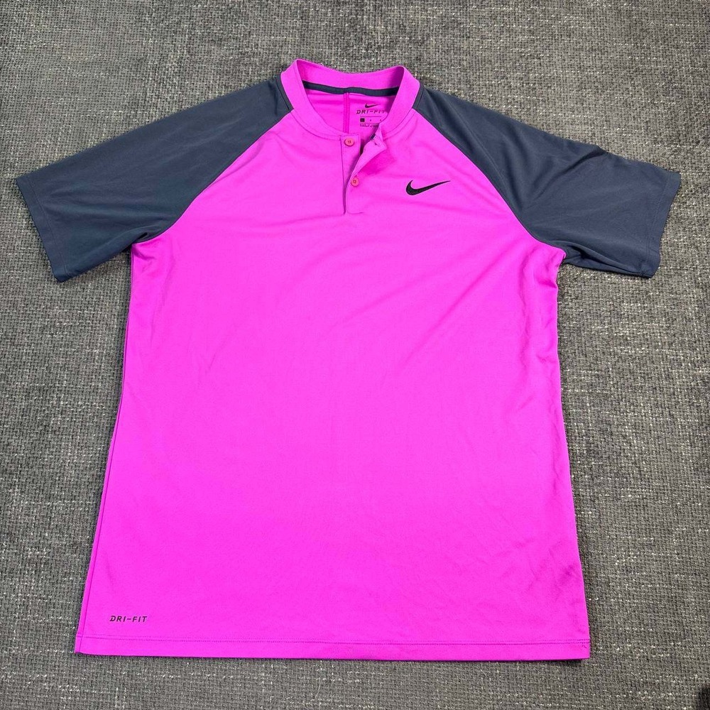 Nike Dri-FIT Blade Collar Polo Mens Large Pink Grey Raglan Short Sleeve